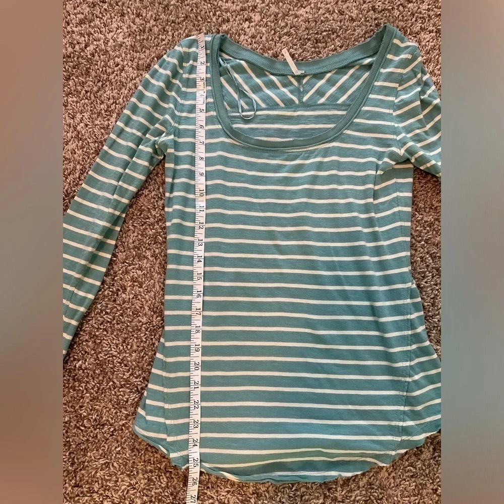 Free People Teal Striped Crochet Sleeve Cotton Long Sleeve Top Size Medium